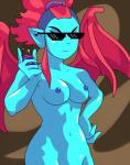 blue_body blue_skin brace_yourself_games breasts crypt_of_the_necrodancer eyewear female hi_res humanoid navel nipples nocturna_(crypt_of_the_necrodancer) not_furry potion solo sunglasses vampire warioeag wings