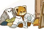 biped black_eyes black_nose brown_body chibi clothing dot_eyes duo feral kemono shirt simple_eyes sitting topwear white_body shi_nominmin ailurid mammal mustelid musteline red_panda stoat true_musteline weasel 2023 hi_res