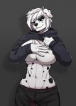 abs anthro armwear athletic athletic_female big_breasts black_eyes bottomwear breast_squish breasts clothing collar covering covering_breasts female fur glistening glistening_breasts hair hoodie huge_breasts low-riding muscular muscular_anthro muscular_female pants small_waist solo spiked_collar spikes squish sweatpants thick_thighs topwear topwear_lift v-cut white_body white_fur white_hair wide_hips haruk000 stasya_(yeon_0001) canid canine canis dalmatian domestic_dog mammal hi_res