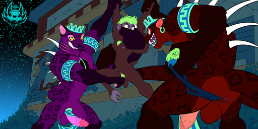 anthro aztec bdsm bottomwear chastity_cage chastity_device clothing forced gag group kidnapping loincloth male male/male nude outside rape sex trio nalli xico yolia ahuizotl felid haplorhine jaguar mammal monkey pantherine primate absurd_res hi_res