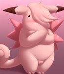 absurd_res angry anthro bangs belly blush clefable clenched_teeth crossed_arms embarrassed female galv3z_(artist) generation_1_pokemon genitals hair hair_over_eye hi_res innie_pussy looking_at_viewer nintendo nude one_eye_obstructed pink_body pink_hair pokemon pokemon_(species) pussy semi-anthro slightly_chubby slightly_chubby_female solo standing tail teeth thick_thighs wings