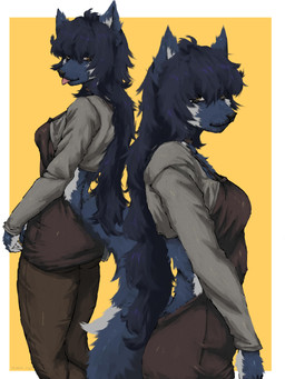 anthro bangs blep blue_body blue_fur blue_hair border bottomwear breasts butt choker clothed clothing countershading crop_top female fur hair inner_ear_fluff jewelry long_hair long_sleeves looking_at_viewer markings necklace open_back_dress pointy_ears prick_ears shirt simple_background snout solo standing tail tongue tongue_out topwear tuft white_border white_inner_ear_fluff yellow_background yellow_eyes dark_rya canid canine mammal 3:4 absurd_res hi_res