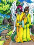 anthro asian barbel_(anatomy) duo feathered_wings feathers flesh_whiskers green_body hair happy long_ears long_hair looking_at_viewer love male male/male romantic romantic_couple smile tail wings ayame_emaya asian_mythology east_asian_mythology mythology zakkie_starres akiyu ryuki dragon eastern_dragon mythological_creature mythological_scalie scalie oriental