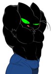 anthro armpit_hair black_body black_fur blush body_hair bottomwear bulge clothing denim denim_bottomwear denim_clothing fur green_eyes jeans male muscular muscular_male pants pecs smile solo tongue tongue_out whiskers oyasmis cartoon_network mao_mao:_heroes_of_pure_heart sheriff_mao_mao_mao domestic_cat felid feline felis mammal hi_res