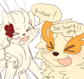 :3 >_< black_nose blush blush_lines bodily_fluids brown_nose cheek_tuft close-up exclamation_point eyebrows eyes_closed facial_tuft fangs female feral flower fluffy_mane fur head_tuft male mane motion_lines omg open_mouth orange_body orange_fur plant quadruped red_flower roaring saliva simple_background speech_bubble teeth tuft white_background white_body white_fur white_mane fiddleafox nintendo pokemon arkani_(fiddleafox) magnolia_(fiddleafox) arcanine generation_1_pokemon ninetales pokemon_(species) 2016 colored_sketch digital_drawing_(artwork) digital_media_(artwork) sketch