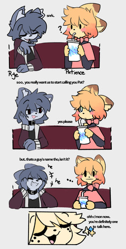 :3 anthro beverage blush bow_accessory clothed clothed_anthro clothing container cup dialogue inner_ear_fluff laugh nickname open_mouth smug text tuft caeleste niles_(caeleste) patience_(caeleste) rye_(caeleste) domestic_cat felid feline felis mammal serval 2025 absurd_res comic english_text hi_res