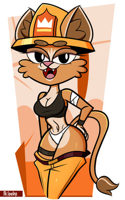 anthro armor bottomwear bottomwear_down bra breasts clothed clothing female firefighter firefighter_helmet firefighter_outfit fur headgear helmet navel orange_body orange_fur panties pants pants_down partially_clothed solo tail underwear undressing uniform sparksaxel evita_fuegos felid feline lion mammal pantherine absurd_res hi_res