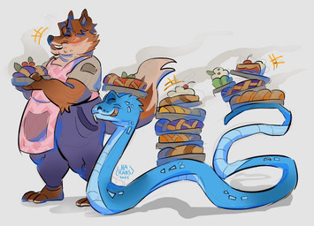 anthro apron baked_goods clothing duo male male/male smile hahars disney zootopia gary_de'snake gideon_grey canid canine fox mammal pit_viper reptile scalie snake viper