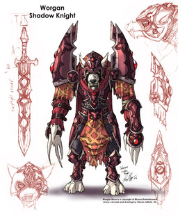angry anthro armor belt chainmail digitigrade front_view fur headgear helmet male melee_weapon pauldron simple_background solo sword text weapon white_background white_body white_fur kienan_lafferty blizzard_entertainment warcraft canid mammal werecanid werecreature worgen 2006 concept_art english_text official_art