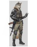 2022 5_fingers absurd_res ak-12 ak_platform anthro assault_rifle boots canid canine canis clothed clothing electronics fingers footwear gloves gun handwear headphones hi_res kalashnikov knee_pads male mammal military pipe_bomb plantigrade ranged_weapon rifle shoes simple_background solo standing weapon white_background wolf yoshi.kaoru