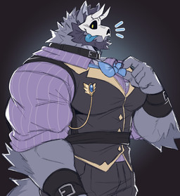 adjusting_tie anthro barazoku beard biceps black_bottomwear black_clothing black_collar black_pants black_topwear black_vest black_wristband blue_bow_tie blue_tongue bone bone_mask bottomwear bow_tie claws clothing collar facial_hair finger_claws forearm_muscles fur grey_body grey_fur grey_hair hair leather_wristband looking_at_viewer male mask muscular muscular_anthro muscular_male noticing pants pecs pinstripe_clothing pinstripe_topwear pinstripes purple_clothing purple_shirt purple_topwear shirt skull skull_mask solo tail tongue topwear vest wristband yellow_eyes juggermelon atlas_(juggermelon) canid canine canis mammal wolf 2025 hi_res