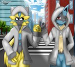 ambiguous_gender anthro blue_body blue_eyes city clothing crosswalk detailed_background duo fist_bump fur gesture hand_in_pocket hoodie one_eye_closed pockets red_eyes sky topwear yellow_body yellow_fur dennhaze nintendo pokemon generation_4_pokemon generation_7_pokemon legendary_pokemon lucario pokemon_(species) zeraora 2021 absurd_res hi_res signature