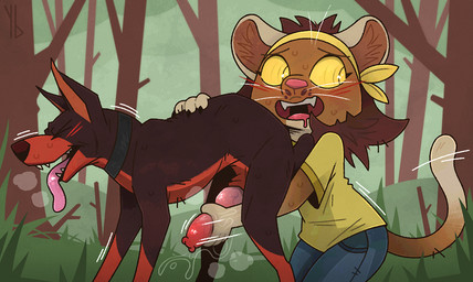 animal_genitalia animal_penis anthro anthro_on_feral bestiality blush bodily_fluids bottomwear brown_body brown_bottomwear brown_clothing brown_fur brown_pants canine_genitalia canine_penis clothed clothing digitigrade dipstick_tail duo erection eyes_closed fangs female female_anthro female_on_feral feral from_behind_position fully_clothed fur genital_fluids genitals grass handjob inner_ear_fluff kneeling knot knotted_penis looking_pleasured male male/female male_feral markings open_mouth open_smile pants penile penis plant precum quadruped sex shirt smile snout tail tail_markings teeth tongue tongue_out topwear tree tuft yellow_clothing yellow_eyes yellow_shirt yellow_topwear yaldabroth raegan_(yaldabroth) canid canine canis cougar dobermann domestic_dog felid feline mammal pinscher shaded