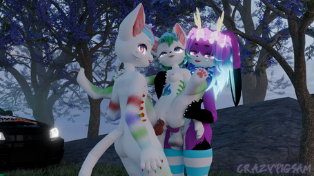 accessory anthro antlers blep bodily_fluids breast_piercing breasts car cum cum_inside ejaculation female flower flower_in_hair forest forest_background genital_fluids genitals glowing glowing_hair green_stripes group hair hair_accessory heart_eyes heart_symbol holding_breast holding_up_other_character horn knot knotted_penis male male/female nature nature_background orgasm_face penis plant rainbow_stripes sex small_breasts smug_face standing standing_sex stripes tongue tongue_out tree trio vaginal_fluids vaginal_squirting vehicle crazypigsam blazix_mallow petal_heart deira domestic_cat felid feline felis jackalope lagomorph mammal 16:9 3d_(artwork) 4k absurd_res blender_(artwork) blender_cycles_(artwork) digital_media_(artwork) hi_res widescreen