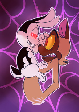 anthro black_body black_ears black_eyes black_fur black_nose black_tail brown_body brown_ears brown_fur chest_tuft duo eye_contact fangs fur half-closed_eyes hand_on_chest long_ears looking_at_another male multicolored_body multicolored_fur narrowed_eyes red_eyes red_sclera scut_tail sharp_teeth short_tail side_view smile surprised tail teeth tongue tuft two_tone_body two_tone_fur white_body white_fur white_nose white_tail white_tuft yellow_sclera 8-bit-britt bunnicula_(series) bunnicula chester_(bunnicula) domestic_cat felid feline felis lagomorph leporid mammal rabbit vampire 2017 digital_media_(artwork) hi_res