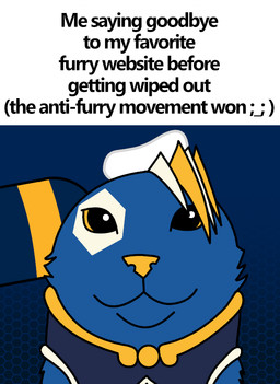blue_body blue_fur clothed clothing duo fur hexagon looking_at_viewer male mascot petting simple_background text the_truth redcrystal e621 esix hexerade domestic_cat felid feline felis mammal english_text meme reaction_image