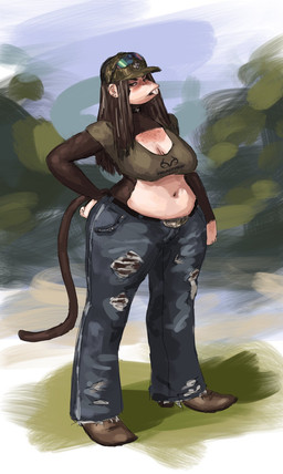 abstract_background anthro belt boots bottomwear breasts brown_body brown_fur brown_hair buckteeth choker cleavage clothed clothing crop_top denim denim_bottomwear denim_clothing ear_piercing female footwear freckled_chest freckled_face freckles fur green_eyes hair hand_on_hip hat headgear headwear jeans jewelry long_hair medium_breasts midriff navel necklace pants piercing shirt shoes slightly_chubby solo standing sunglasses_on_hat tail teeth texas text text_on_clothing text_on_shirt text_on_topwear topwear torn_bottomwear torn_clothing torn_jeans torn_pants redustheriotact aarin_(redustheriotact) haplorhine mammal monkey primate 2025 hi_res