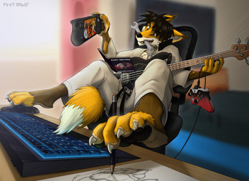 4_toes anthro barefoot bass_guitar bedroom black_nose book brown_eyes brown_hair brown_pawpads cellphone claws controller drawing_(action) electronics feet fluffy fluffy_tail foot_focus foreshortening fur game_controller guitar hair keikogi keyboard male martial_arts_uniform multicolored_body multicolored_fur multitasking musical_instrument object_in_mouth pawpads paws pencil_(object) phone plucked_string_instrument sitting solo sportswear string_instrument tail toes whiskers writing_utensil xbox_controller foot-paws microsoft steam_deck valve_corporation valve_hardware xbox xbox_game_studios canid canine fox mammal 2021 digital_media_(artwork)