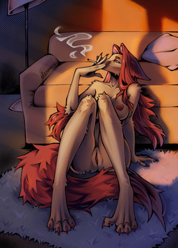 anthro bedroom breasts cigarette female genitals hair heart_nipples long_hair nipples nude paws red_hair smoke smoking solo sunrise vulva elenmory canid canine fox hybrid mammal succubus absurd_res hi_res