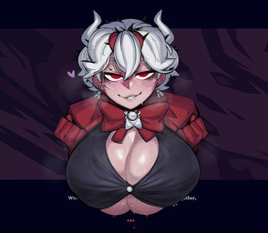 big_breasts black_clothing bodily_fluids bow_tie breasts clothed clothing ear_piercing female hair heart_symbol horn huge_breasts looking_at_viewer not_furry piercing red_clothing red_eyes short_hair smile solo sweat text white_hair krekk0v helltaker beelzebub_(helltaker) demon demon_humanoid humanoid 2022 english_text hi_res