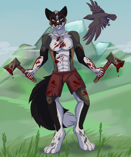 abs anthro axe biped blood bodily_fluids clothed clothing fangs jewelry male melee_weapon navel necklace nipples outside smile solo standing teeth topless weapon kellwolfik avian bird corvid corvus_(genus) crow felid mammal oscine passerine digital_media_(artwork) hi_res shaded