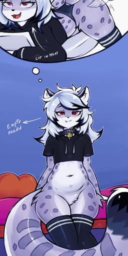 anthro bedroom bell bell_collar big_tail bottomless butt butt_slap clothed clothing collar cropped_hoodie fantasizing featureless_crotch femboy fur grey_body grey_fur hair head_empty heart_eyes heart_symbol in_heat legwear male male/male navel pantsless red_eyes reddened_butt slap solo tail thick_thighs thigh_highs white_body white_fur white_hair wide_hips klaus_monteiro nive felid mammal pantherine snow_leopard absurd_res comic hi_res