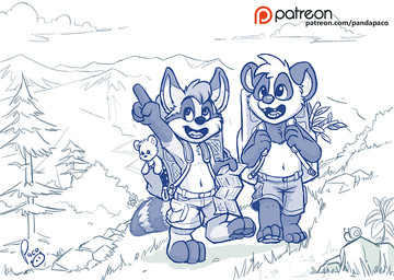 anthro backpack bottomwear brass clothed clothing duo front_view gesture glistening glistening_eyes head_tuft logo looking_up male markings navel open_mouth open_smile outside patreon_logo pawpads plant rock shorts shrug smile striped_markings striped_tail stripes tail tail_markings text topless tree tuft walking young young_anthro young_male pandapaco patreon parinton bear giant_panda mammal procyonid raccoon artist_logo signature spot_color url