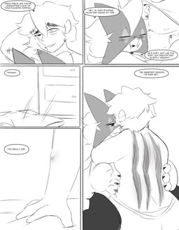 anthro back_scar bed bedroom bodily_fluids body_hair chest_hair clothing cuddling dialogue duo face_on_chest female furniture genital_fluids grope hair hug hugging_another human_on_anthro interspecies love male pecs romantic scar shirt text topwear undressing undressing_another spicykiwi nintendo pokemon thomas_(spicykiwi) tulip_(spicykiwi) generation_9_pokemon human mammal meowscarada pokemon_(species) absurd_res comic hi_res story