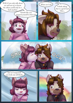 anthro blush bodily_fluids clothed clothing collar dialogue duo eye_contact female female/female fountain kissing kissing_cheek looking_at_another outside park profanity rainbow smile tears text young young_anthro young_female liryal ruaha_(lyrial) theoni_(hollyannhoythund) canid canine canis cougar felid feline hybrid hyena mammal wolf absurd_res comic english_text hi_res intersex_(lore)