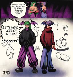 bat_wings breasts cleavage clothed clothing dialogue duo eyebrows female green_hair hair head_wings holidays humor membrane_(anatomy) membranous_wings purple_hair raised_eyebrow smug smug_grin sweater text topwear unusual_wing_placement wings chakk capcom darkstalkers halloween lilith_aensland morrigan_aensland bat humanoid mammal succubus comic english_text hi_res