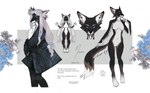 anthro black_body black_fur black_nose blue_eyes breasts featureless_breasts featureless_crotch female front_view fur hair inner_ear_fluff long_hair open_mouth side_view solo text thin_calves thin_legs thin_thighs tuft white_body white_fur white_hair white_inner_ear_fluff unknowhiter canid canine mammal 2021 english_text model_sheet