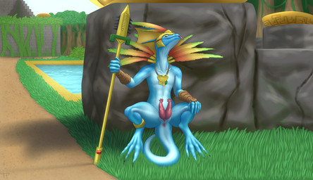 absurd_res against_wall animal_genitalia animal_penis anthro anus armor blep bodily_fluids crouching dripping genital_fluids genitals hemipenes hi_res holding_object holding_weapon jewelry lizardman_(warhammer_fantasy) male melee_weapon multi_genitalia multi_penis necklace outside penis polearm precum skink_(warhammer_fantasy) slit solo spear spread_legs spreading testowepiwko tongue tongue_out unconvincing_armor warhammer_fantasy weapon