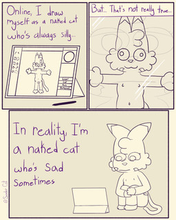 3_panel_comic anthro butt dipstick_ears ear_markings eyelashes facial_markings facial_tuft genitals gloves_(marking) head_markings leg_markings male markings multicolored_ears navel nipples nude nude_anthro nude_male nudist paws penis reflection sad sitting socks_(marking) solo tablet tablet_computer tablet_pen tail text tuft soder_cat des_(soder_cat) domestic_cat felid feline felis mammal absurd_res comic english_text hi_res monochrome nonbinary_(lore)