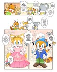 anthro clothed clothing crossdressing dialogue female group hat headdress headgear headwear male male/female princess_dress scarf text trio miisa_shion sega sonic_the_hedgehog_(series) marine_the_raccoon miles_prower canid canine fox koala mammal marsupial procyonid raccoon vombatiform comic english_text sibling_(lore) twins_(lore)