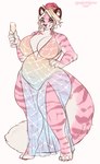 anthro blonde_hair blue_eyes clothed clothing eyelashes female front_view fur hair holding_glass holding_object looking_at_viewer multicolored_hair overweight overweight_anthro overweight_female pink_body pink_fur pink_hair simple_background solo standing translucent translucent_clothing two_tone_hair white_background white_body white_fur tiggybloom marzipan_(spottedtigress) felid mammal pantherine tiger full-length_portrait hi_res portrait