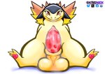 balls big_balls big_penis blush blush_lines bodily_fluids erection fangs feral genitals huge_balls huge_penis knot male penis presenting presenting_penis sitting solo spread_legs spreading sweat teeth kobywick nintendo pokemon generation_2_pokemon pokemon_(species) typhlosion hi_res