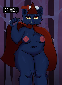 anthro areola bedroom_eyes belly belly_overhang big_belly big_breasts blue_body blue_fur breasts cloak clothing curvy_figure dagger deep_navel dyed_fur eyeliner eyeshadow female forest forest_background fur genitals gesture hand_gesture hand_on_hip hat headgear headwear inner_ear_fluff looking_at_viewer makeup melee_weapon narrowed_eyes nature nature_background navel nipples open_cloak overweight overweight_anthro overweight_female plant pointing pointing_at_self red_clothing seductive slightly_chubby slightly_chubby_female smile smiling_at_viewer solo speech_bubble text thick_thighs tree tuft voluptuous vulva weapon wide_hips sstarr night_in_the_woods mae_borowski domestic_cat felid feline felis mammal hi_res signature