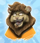 anthro black_lips blue_background brown_eyes brown_hair eyewear facial_hair glasses goatee hair lips looking_at_viewer male mane open_mouth sharp_teeth simple_background solo teeth tongue artybsmarty saberspark saberspark_(character) felid lion mammal pantherine hi_res