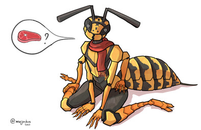 4_arms 4_fingers 4_hands antennae_(anatomy) anthro arthropod_abdomen compound_eyes exoskeleton female female_anthro fingers hand_on_hip hand_on_leg hands_on_ground looking_at_viewer mandibles mostly_nude multi_arm multi_hand multi_limb ocellis red_scarf scarf scarf_only simple_background sitting solo speech_bubble stinger white_background white_eyes yellow_body warjenkins arthropod german_yellowjacket hymenopteran insect vespid wasp yellowjacket_(wasp) 2025 absurd_res digital_media_(artwork) hi_res