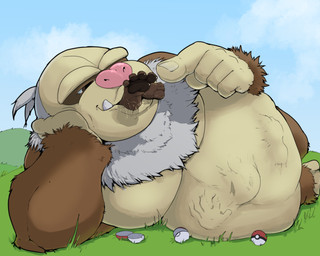 abdominal_bulge almost_fully_inside anthro belly blue_sky bodily_fluids body_outline brown_body brown_eyes brown_fur cloud day duo feet fingernails fur grass green_grass head_first larger_pred lying male male/male male_pred membrane_(anatomy) multiple_prey musclegut muscular nails nude_male nude_pred on_side oral_vore outside pale_skin plant pokeball saliva size_difference sky standard_pokeball teeth toes vore webbed_feet white_body white_fur willing_pred pandottermon nintendo pokemon generation_3_pokemon mammal mustelid otter pokemon_(species) slaking 2026 5:4 colored hi_res