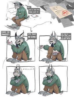 anthro clothing depression dialogue fur grey_body grey_fur hair male open_mouth sad solo tail text wooren disney zootopia pawbert_lynxley canada_lynx felid feline felis lynx mammal 2025 3:4 comic digital_media_(artwork) english_text