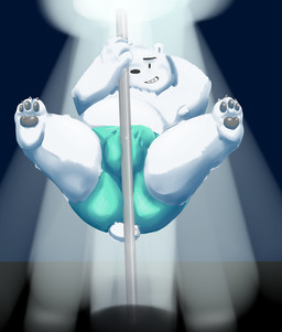 anthro balls_outline bulge clothed clothing dancing detailed_bulge genital_outline male penis_outline pole pole_dancing skimpy solo teal_clothing teal_underwear topless underwear graft_(artist) cartoon_network we_bare_bears ice_bear_(we_bare_bears) bear mammal polar_bear ursine
