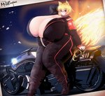 arm_support belly big_breasts big_tail biker biped black_bottomwear black_clothing black_topwear blonde_hair blue_eyes blush bottomwear breasts cleavage clothed clothing curvy_figure detailed_background dipstick_tail female fire flaming_tail fluffy fluffy_tail footwear fully_clothed fur glowing hair hand_behind_head huge_breasts hyper hyper_breasts jumpsuit leaning leaning_backward light_body light_skin looking_at_viewer markings monotone_hair motorcycle multicolored_tail night outside overweight overweight_female overweight_humanoid photo pose shoes sitting sky smile solo star starry_sky tail tail_markings thick_thighs topwear vehicle voluptuous wide_hips yellow_body yellow_fur kyosuke_fujiwara animal_humanoid canid canid_humanoid canine canine_humanoid fox_humanoid humanoid mammal mammal_humanoid hi_res