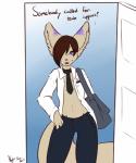 anthro bag biped blue_background bottomwear brown_body brown_fur brown_hair clothed clothing dialogue door femboy fur hair long_hair male navel necktie open_mouth pants pink_nose purple_eyes shirt simple_background solo standing tail teeth text tongue topwear white_background nightfaux tinyfawks canid canine fennec_fox fox mammal true_fox 2013 5:6 digital_media_(artwork) english_text hi_res signature