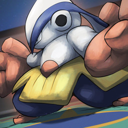 3_fingers ambiguous_gender ambiguous_humanoid big_hands black_eyes black_inner_ear blue_body dojo dutch_angle feet fingers inside multicolored_body not_furry orange_body pseudo_clothing side_view solo standing toes white_body white_ears wide_stance yellow_body spicyichizo nintendo pokemon generation_3_pokemon hariyama humanoid pokemon_(species) 1:1 2026 absurd_res hi_res shaded
