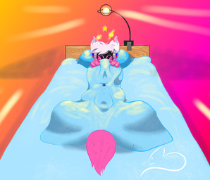anthro bed blanket_grab bodily_fluids clothing furniture genital_fluids light_source lying lying_on_bed machine male night_light on_bed precum precum_through_blanket precum_through_clothing wet wet_clothing young young_male squeak_tailors ghostly(lil) protogen absurd_res hi_res