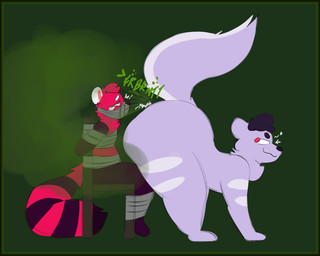 all_fours bdsm black_border bondage border bound chair chair_bondage duo fart fart_cloud fart_fetish furniture green_fart_cloud male male/male raised_tail tail brappanda happanda gary_(garywah) stinkbomb_(stinkbombskunk) ailurid mammal mephitid red_panda skunk absurd_res hi_res