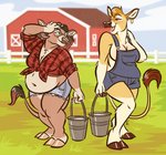 anthro barn belly big_belly breasts clothing crop_top duo ear_piercing ear_ring facial_piercing farm farmer farming female female/female field hooves horn nose_piercing overalls pattern_clothing pattern_shirt pattern_topwear piercing plaid plaid_clothing plaid_shirt plaid_topwear ring_piercing septum_piercing shirt tied_shirt topwear nicnak044 jacqueline_(nicnak044) bovid bovine cattle jersey_cattle mammal