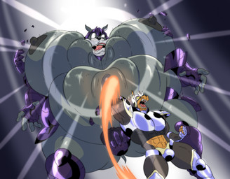 abs anthro areola armor armor_legs armor_only armor_pads big_areola big_moobs black_areola black_body black_fur black_nipples bodily_fluids brown_mouth clothing damaged_armor defeated dewlap_(anatomy) duo fight fur gauntlets glistening glistening_moobs gloves grey_body grey_fur handwear huge_moobs jiggling_belly jowls larger_male male moobs muscular muscular_anthro muscular_arms muscular_legs muscular_male nipples obese obese_anthro obese_male overweight overweight_anthro overweight_male pink_tongue punch punching_belly punching_moobs saliva sharp_teeth shoulder_armor size_difference teeth tongue vein veiny_arms reagan700 bruno_silva hound_(houndgrey) canid canine canis dobermann domestic_dog mammal mastiff molosser pinscher 2023 digital_media_(artwork) hi_res shaded