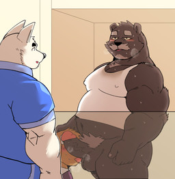 anthro balls black_nose blush bodily_fluids brown_body brown_fur clothing erection fur genitals group humanoid_genitalia humanoid_hands humanoid_penis kemono licking male oral overweight overweight_anthro overweight_male penile penis penis_lick sex shirt sweat tongue tongue_out topwear under_table white_body white_fur jumperbear bear canid canine canis domestic_dog mammal 2020 hi_res
